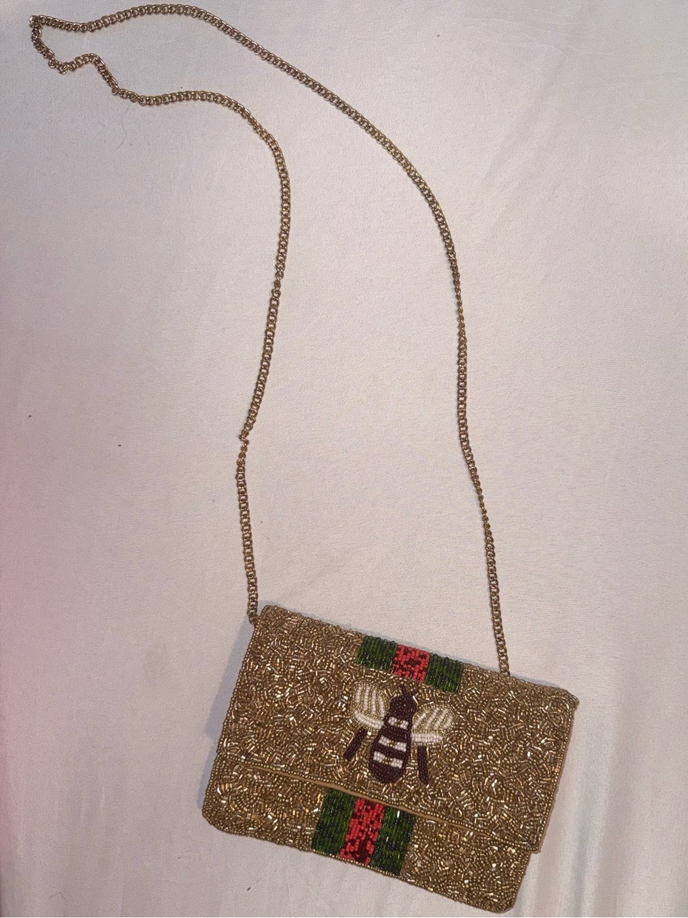 Boutique Women Beaded Gold/Red/Green Bee Design Cross Body Purse NWOT - Picture 7 of 15